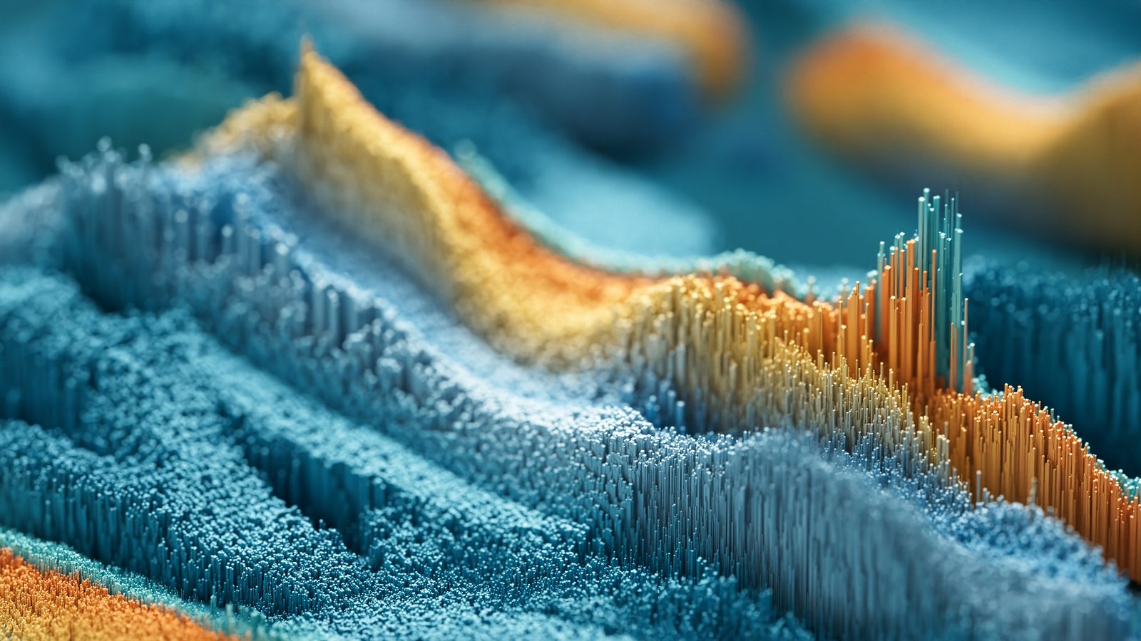 Abstract blue and orange data terrain representing quality at source analytics and downstream localization defect tracking