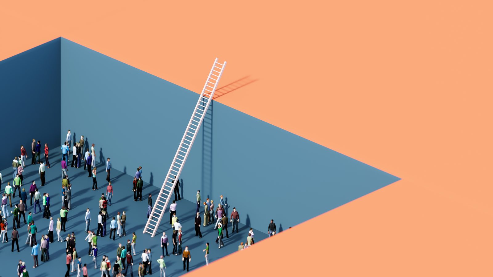 A crowd gathered in a blue pit beside a tall ladder reflecting SaaS teams searching for a way to prove localization ROI to finance